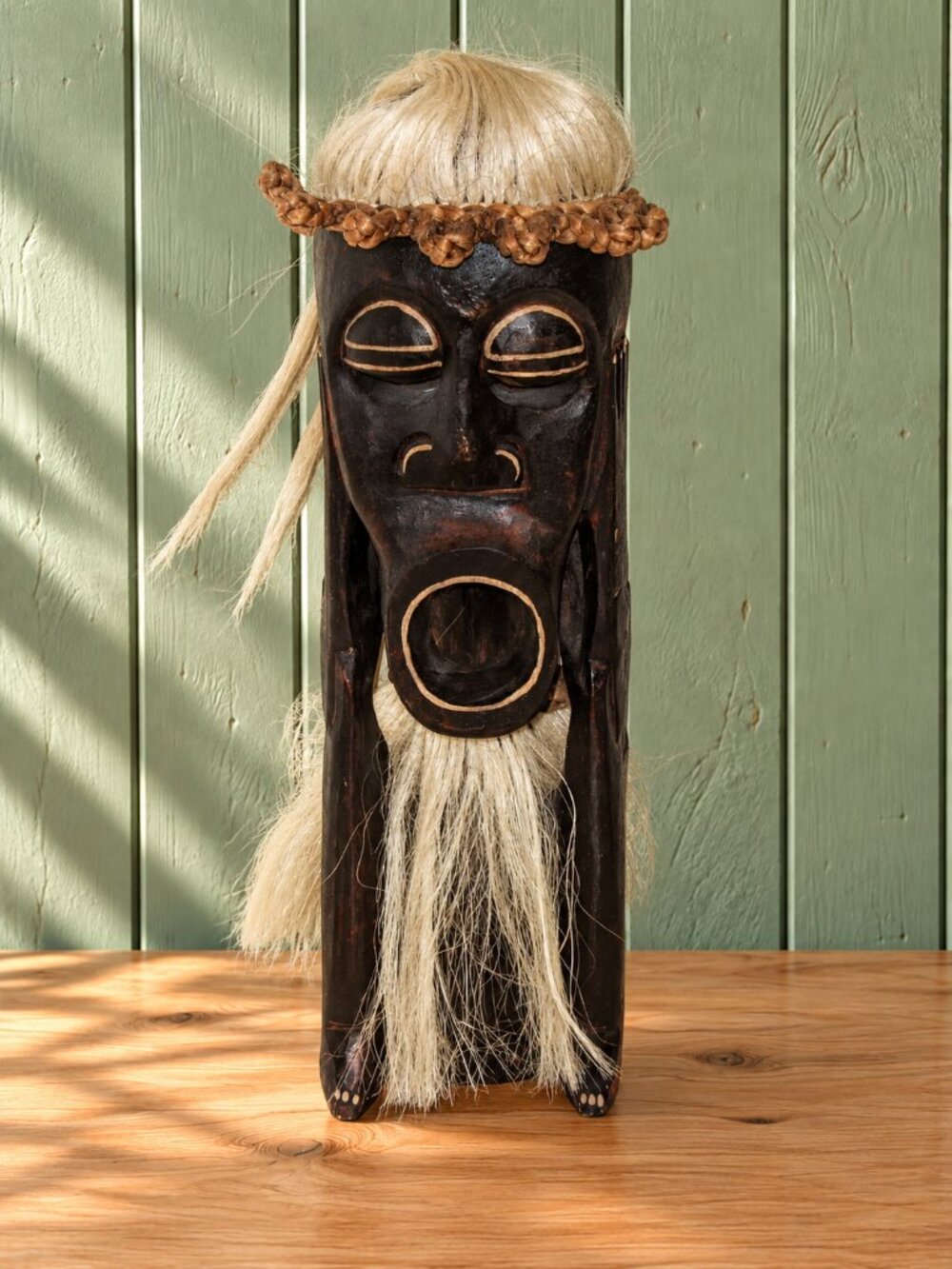 Vintage Wooden Tiki Sculpture Figurine Hand Carved Fiber Hair Tropical Large 20"